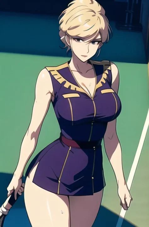 blond short haired,Can you draw a scantily clad busty woman,tight tennis wear,Micro Mini Miniskirt,sneakers,立派なthighs,beautiful legs,,light blue panties,,gives priority to facial expression、Please do not crop my face,,Nice lol face,(((( face is very impo...