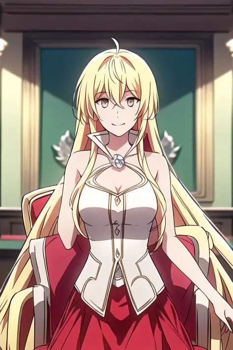 a woman with long blond hair,,I need a face,smiling alone in an abandoned royal palace in a quiet space,chair by the library window,Can you draw a figure of a fallen aristocrat,I give top priority to facial expressions, so don't trim faces,living a decent ...