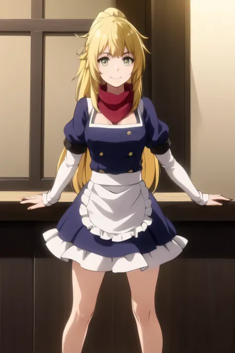 Waitress Costumeの女性を描けますか，,Woman with long yellow hair，（（yellow long hair,ponytail）），nice smile，A woman who works at a restaurant at night，Waitress Costume，neck scarf，Can you draw a part-time job for a fallen aristocrat，   ，I need a face，can you is drawing...