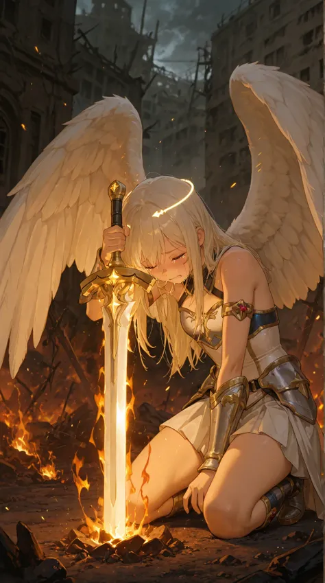 Judgment Day, a little girl kneeling on the ground, crying while a huge white angel is standing behind him, the angel's wings are huge and legendary, wielding a white sword of flaming crystals, apocalyptic setting, fogo e trevas, burning skies , angel in s...