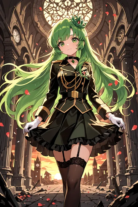 top quality, masterpiece, Ultimate Level of Detail Vannamelon, noble, noble girl, long hair, Green Hair, green eyes, elegant black and gold military uniform, skirt, stockings, garter, Lace Embellished , frills, choker, white gloves, Aristocrat Standing, Pr...