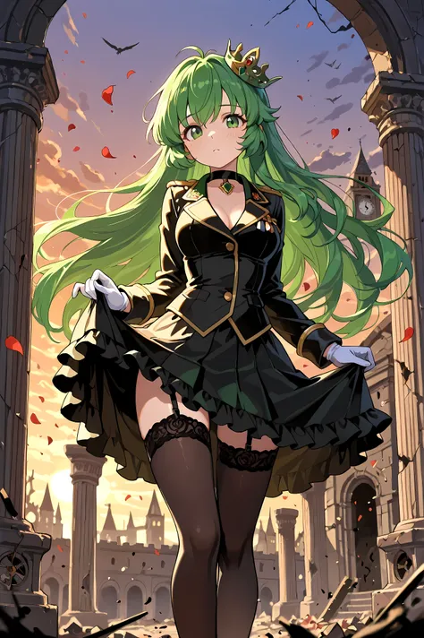 top quality, masterpiece, Ultimate Level of Detail Vannamelon, noble, noble girl, long hair, Green Hair, green eyes, elegant black and gold military uniform, skirt, stockings, garter, Lace Embellished , frills, choker, white gloves, Aristocrat Standing, Pr...