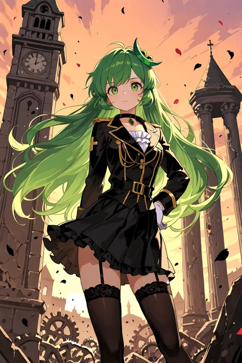 top quality, masterpiece, Ultimate Level of Detail Vannamelon, noble, noble girl, long hair, Green Hair, green eyes, elegant black and gold military uniform, skirt, stockings, garter, Lace Embellished , frills, choker, white gloves, Aristocrat Standing, Pr...