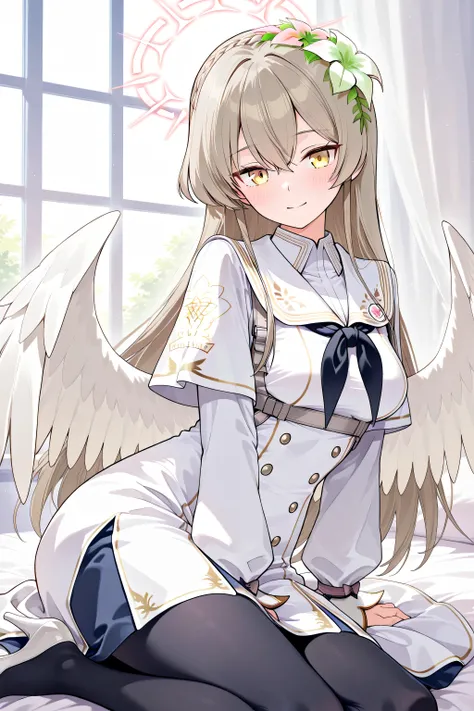 nagisa \(blue archive\),(yellow eyes),long hair,brown hair,braid,hair flower,halo,wings,white dress,capelet,black pantyhose,white high heels,nagisa-default,middle breasts,上半身にフォーカス。中くらいの胸。笑顔。黒いビキニ。時間は夜。暗いライティング。masterpiece,Highest Quality,Very Detailed,Ult...
