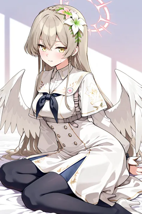 nagisa \(blue archive\),(yellow eyes),long hair,brown hair,braid,hair flower,halo,wings,white dress,capelet,black pantyhose,white high heels,nagisa-default,middle breasts,上半身にフォーカス。中くらいの胸。笑顔。黒いビキニ。時間は夜。暗いライティング。masterpiece,Highest Quality,Very Detailed,Ult...