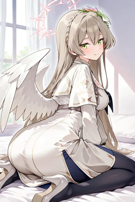 nagisa \(blue archive\),(yellow eyes),long hair,brown hair,braid,hair flower,halo,wings,white dress,capelet,black pantyhose,white high heels,nagisa-default,middle breasts,上半身にフォーカス。中くらいの胸。笑顔。黒いビキニ。時間は夜。暗いライティング。masterpiece,Highest Quality,Very Detailed,Ult...