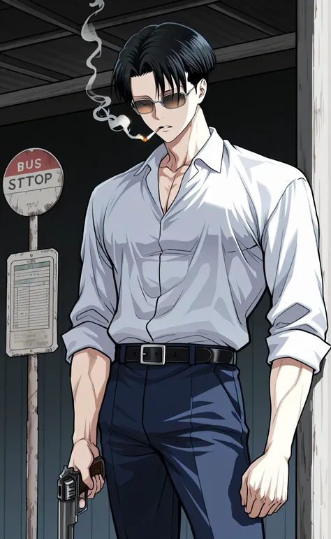 1male,solo,Levi Ackerman,black hair,short hair,sun glasses,not eyes,white dresshirt,navy blue pants,black belt,smoking,ciggarette,bus stop,muscle,weapons,holding a hand gun,lookism,