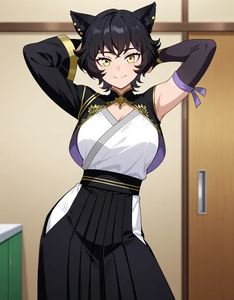 Kali_RWBY, large breast, yellow eyes, short black hair, cat ears, ear piercing, jewelry, japanese clothes, long sleeves, asymmetrical sleeves, hakama skirt, bridal gauntlets, anime screencap, high quality, solo, cowboy shot, (contrapposto), hands behind he...