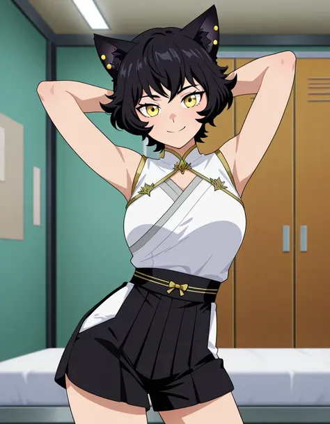 Kali_RWBY, large breast, yellow eyes, short hair, black hair, cat ears, ear piercing, jewelry, sleeveless, hakama shorts, anime screencap, high quality, solo, cowboy shot, (contrapposto), hands behind head, closed mouth, dorm room, alone, looking at viewer...