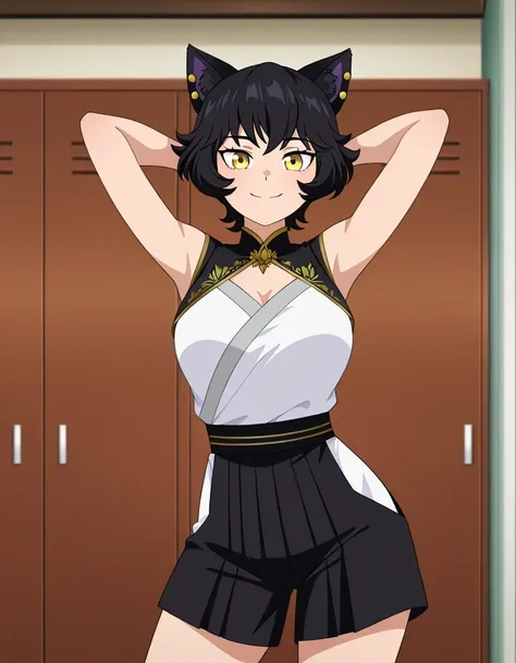 Kali_RWBY, large breast, yellow eyes, short black hair, cat ears, ear piercing, jewelry, sleeveless, hakama shorts, anime screencap, high quality, solo, cowboy shot, (contrapposto), hands behind head, closed mouth, dorm room, alone, looking at viewer, smil...