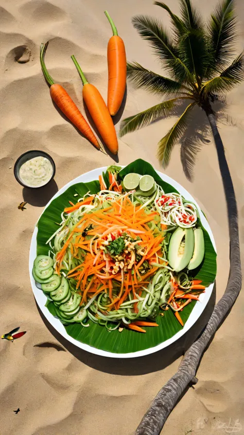 🥗 1. Green papaya salad (Som Tum / papaya salad)papaya, carrot, девушка кушает на beachе, super realistic style and girls side and top view , palm trees, beach, colored birds, photorealistic image, Зеленые palm trees,  flowers. Highly detailed natural.