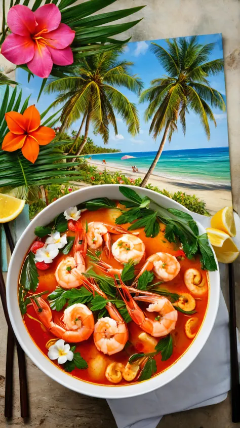 🍲 2. Tom Yam Kung (Tom Yum Goong / Tom Yum Shrimp), девушка кушает на beachе, super realistic style and girls side and top view , palm trees, beach, colored birds, photorealistic image, Зеленые palm trees,  flowers. Highly detailed natural.