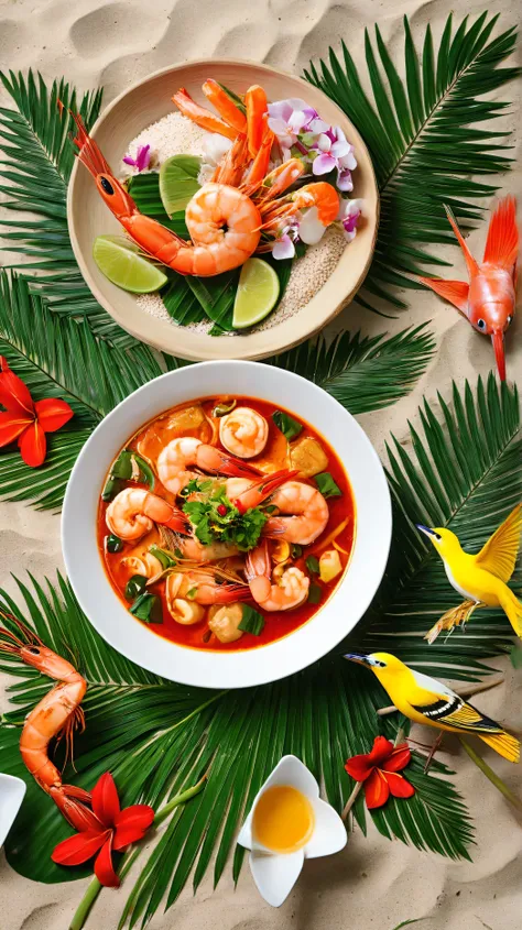 🍲 2. Tom Yam Kung (Tom Yum Goong / Tom Yum Shrimp), девушка кушает на beachе, super realistic style and girls side and top view , palm trees, beach, colored birds, photorealistic image, Зеленые palm trees,  flowers. Highly detailed natural.