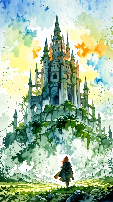 (((Watercolor-style))),(((Watercolor))),((no-outline)),((no-borders)), blurred, elegant noble standing on a cliff, overlooking a misty valley at sunrise, morning fog drifting through ruins, heavily collapsed castle in the distance, partially destroyed towe...