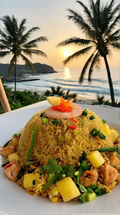 девушка кушает на beachе, 🍚 6. Fried rice with pineapple and seafood (Khao Pad Sapparod Talay / ข้าวผัดสับปะรดทะเล) девушка кушает на beachе, super realistic style and girls side and top view , palm trees, beach, colored birds, photorealistic image, Зелены...