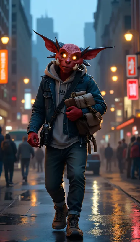 Hobgoblin, red skin, fangs, big nose, blue nose, 1male, solo, modern-day, walking, bustling city street, at dusk, reddish-bronze skin, short tusks, sharp facial features, wears casual urban clothing, hoodie layered, under a denim jacket, dark jeans, sneake...