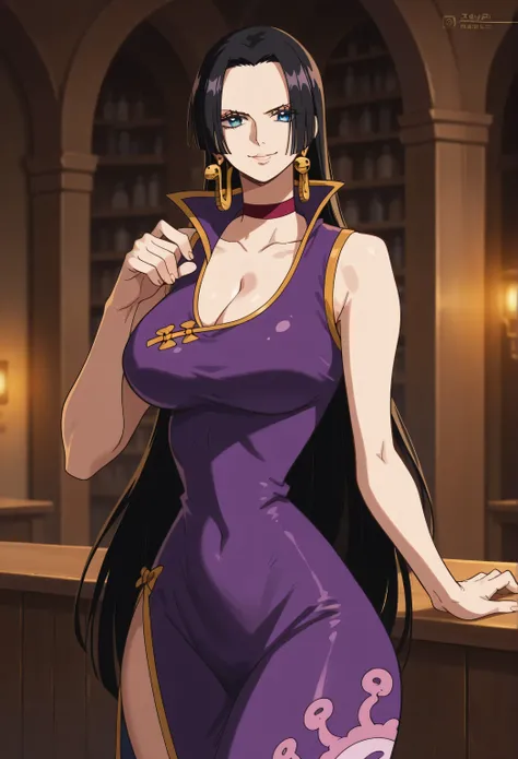 Boa Hancock, big breasts, big hips, full body,,mature female,1girl,solo,earrings,black hair,long hair,blue eyes,large breasts,cleavage,sexy short yellow and pink multicolored dress,upper body,looking at viewer,smile,indoors