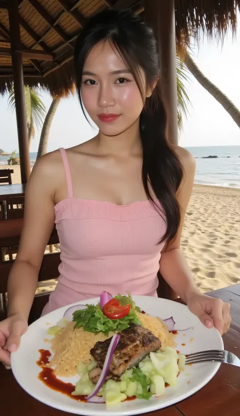 🐟 7. grilled Thai mackerel (Pla Thu Yang / Grilled Thai mackerel), девушка кушает на beachе, freshly inserted, Restaurant with sea views, palm trees, beach, colored birds, photorealistic image, Зеленые palm trees, flowers. Highly detailed natural.