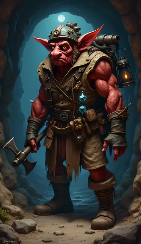 Hobgoblin, red skin, fangs, big nose, blue nose, 1male, solo, rugged miner, deep underground, dark echoing cavern, weathered rust-red skin, muscular arms covered in dust and soot, tired but focused yellow eyes, wears patched leather mining vest, heavy glov...