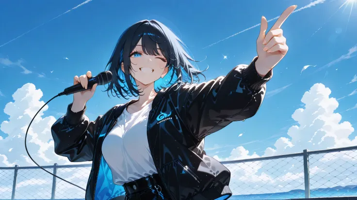masterpiece, one girl, black medium hair, short cut, blue inner hair, asian, blue eyes, holding wireless microphone, wearing jean, white shirt, black jacket, summer, winking, jumping pose, smiling