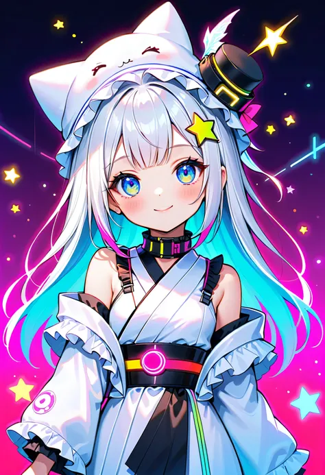  cute young girls , best details, cute face,cute smile、 Beautiful appearance,  ((Shiny milky white hair)) 、beautiful attention to detail,(((Cyberpunk and kimono fusion)))、( Asymmetric Long Hair)、((neonカラーパレット)), ((neonカラースターチョーカー)), ((Ruffles on the collar...