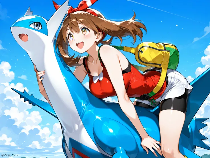 masterpiece, best quality, 1 girl, Mayoras, grey eyes,1default1, red hairband, bow hairband, red shirt, sleeveless, white shorts, bike shorts under shorts, yellow footwear, fanny pack, yellow bag, curvy body, detailed face, ride on Latios, riding on the ne...