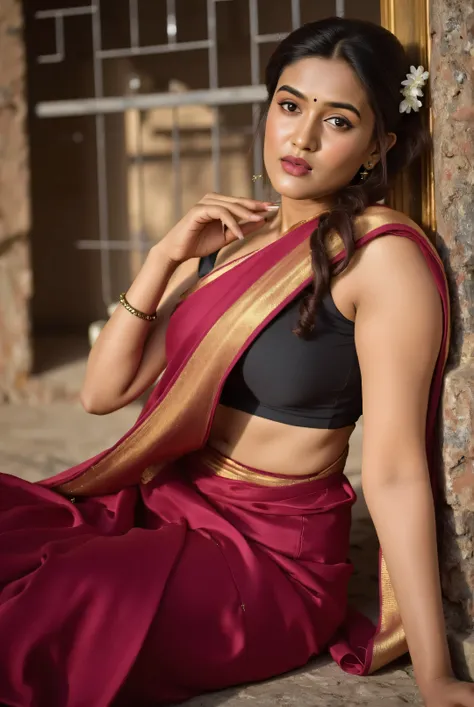 A graceful young Indian woman sitting near an old temple doorway, wearing a deep maroon silk saree with a golden border and a black sleeveless blouse. She is seated on the stone floor with one knee up and arms gently resting over it, gazing thoughtfully to...