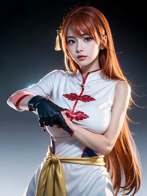 1girl, solo, cute chinese girl, clear makeup, pink eye shadow, 
kgr2, 1girl, white dress, asymmetrical gloves, chinese clothes, side slit, black gloves, china dress, uneven gloves, (right hand gloves, left elbow gloves), thighhighs,
long hair, (light orang...