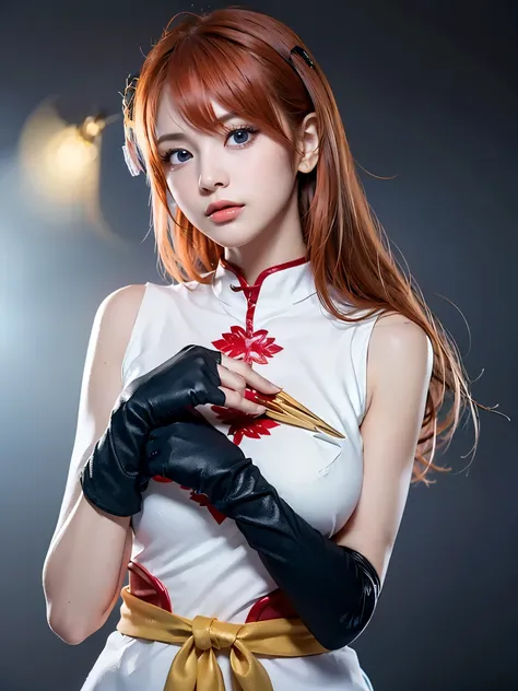 1girl, solo, cute chinese girl, clear makeup, pink eye shadow, 
kgr2, 1girl, white dress, asymmetrical gloves, chinese clothes, side slit, black gloves, china dress, uneven gloves, (right hand gloves, left elbow gloves), thighhighs,
long hair, (light orang...