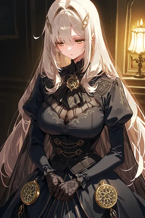 score_9, score_8_up, score_7_up, masterpiece, best quality, very aesthetic, absurdres, tunning image, attractive image, 1girl, adult grown woman, solo, RonovaGI, 1girl, solo, curvy body, pale skin, white hair, long hair, hair clips, bangs, thick hair, gold...