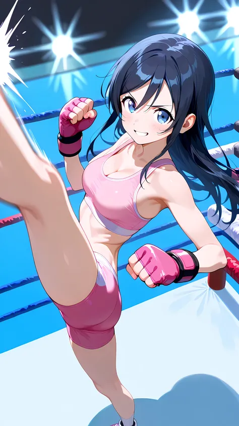 ayase aragaki, long hair, blue eyes, black hair, solo, pink and white sports bra, pink and white boy leg cut spats, pink fingerless gloves, cleavage, medium breast, (slim body:1.2), well-toned body, serious grin, looking at viewer, Detailed eyes, Detailed ...