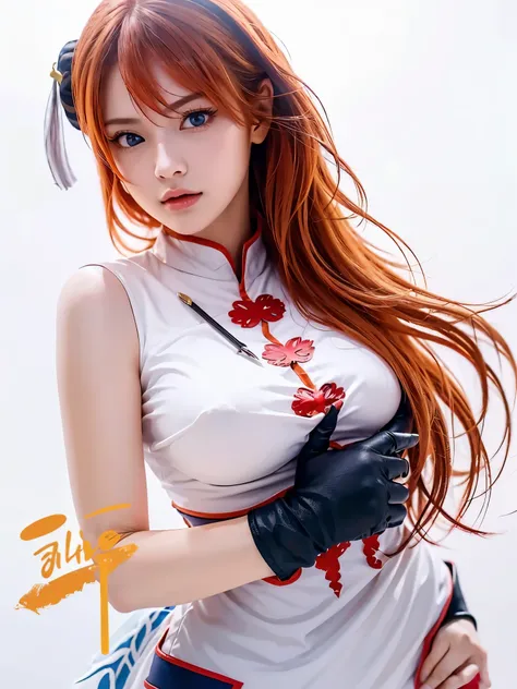 1girl, solo, cute chinese girl, clear makeup, pink eye shadow, 
kgr2, 1girl, white dress, asymmetrical gloves, chinese clothes, side slit, black gloves, china dress, uneven gloves, (right hand gloves, left elbow gloves), thighhighs,
long hair, (light orang...