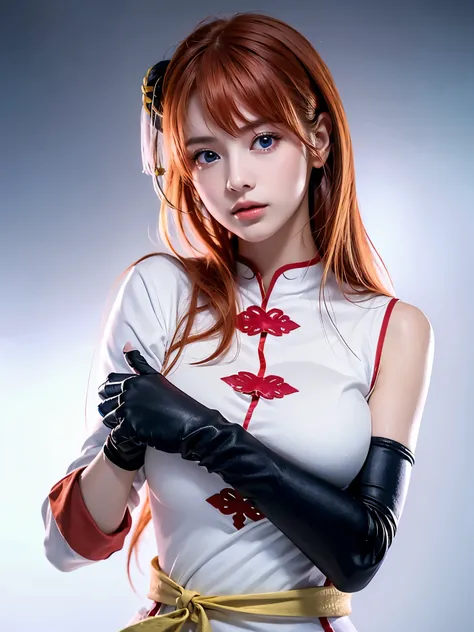 1girl, solo, cute chinese girl, clear makeup, pink eye shadow, 
kgr2, 1girl, white dress, asymmetrical gloves, chinese clothes, side slit, black gloves, china dress, uneven gloves, (right hand gloves, left elbow gloves), thighhighs,
long hair, (light orang...