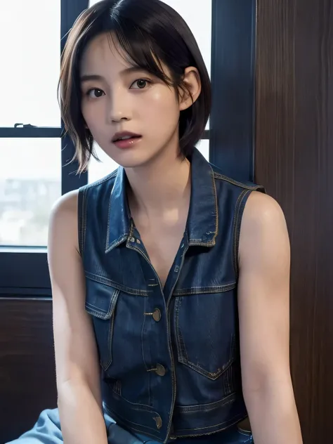 Short-haired beautiful 32-year-old woman in a sleeve-less dark blue denim jacket, (((wearing a sleeve-less navy denim jacket on a naked body))), (sleeveless:1.5), wearing no shirt, sitting on a chair in a radio booth, (((showing neck and chest area))), (cl...