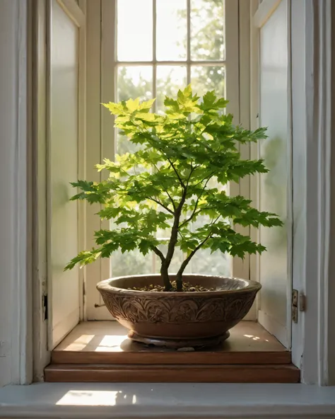 Realistic ,extremely detailed, craftsmanship,  RAW Photo, super clear, ancient bansai in a ceramic bowl on a white windowsill, its tiny leaves echo the mighty crown of a centuries-old maple outside the window, the warm rays of the sunset create long shadow...