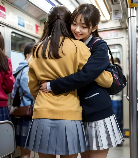    2 cute high school girls   、(  High School Girl Uniform)、Full body photo撮影、(電車内でback hug、(in a crowded train))、(Bian、homosexuality)、( hugging from behind:1.4、back hug:1.4)、 joy 、ecstasy、Full body photo、In a high school uniform、(perfect anatomy、   charmi...