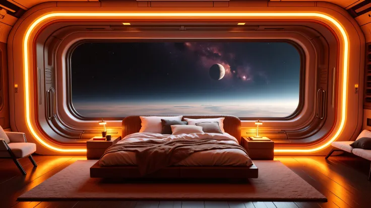 nebula,Scifi_Interior_Space,A cozy futuristic bedroom on a spaceship, with warm ambient lighting in orange and amber tones. A large, soft bed with fluffy pillows and a thick blanket is centered in the room. Next to the bed is a small nightstand with a cup ...