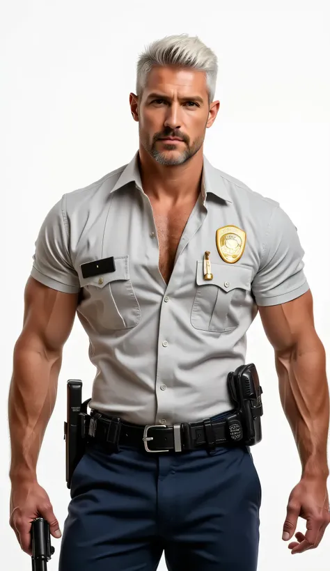 Prompt:  Score_9_up, Score_8_up, Score_7_up,  different shooting angles, , white background,, weapon, short sleeves, male focus, collared shirt,   open uniform,   （open uniform：1.5）（Muscular：1.5）,（white hair：1.5 ） black belt, , mustache, holster, very sho...