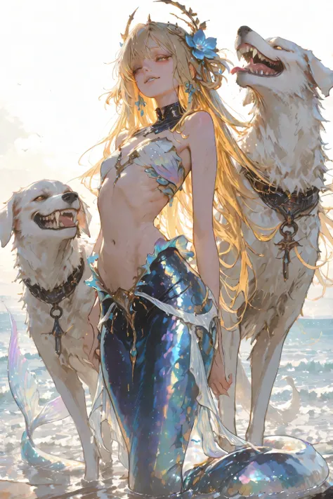 A semi-realistic painting in a classical fantasy style, inspired by Scylla from Greek mythology. The upper body is that of a graceful, bare-chested woman with long flowing golden hair and a blue flower in her hair. Her expression is serene and divine. Her ...