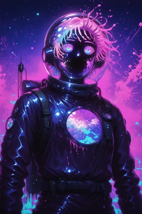 ultraviolet light,ultraviolet,bodypaint,paint splatter, ArsMJStyle,  Vaporwave,monkey in cosmos, in astronaut suit, flying spaceship watching high detail cosmos 1.0mody vaporave style wallpaper  UHD effects