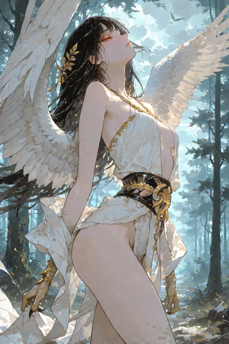 A semi-realistic girl inspired by the Harpy from Greek mythology, a mythical creature with the face of a beautiful woman and the body of a bird. She has large feathered wings and bird talons, wearing ancient Greek-style clothing – a flowing, draped white c...