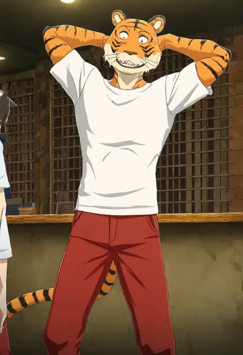 masterpiece, best quality, amazing quality, very aesthetic, absurdres, newest,  high quality, detailed, BillBeastars, 1boy, male, anthro, bengal tiger, broad shoulders, brown eyes, muscular male, athletic build, orange fur, black stripes, sharp teeth, whit...