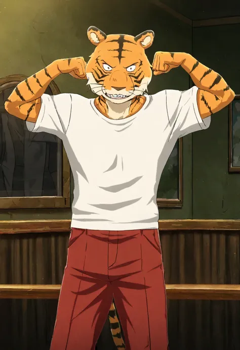 masterpiece, best quality, amazing quality, very aesthetic, absurdres, newest,  high quality, detailed, BillBeastars, 1boy, male, anthro, bengal tiger, broad shoulders, brown eyes, muscular male, athletic build, orange fur, black stripes, sharp teeth, whit...