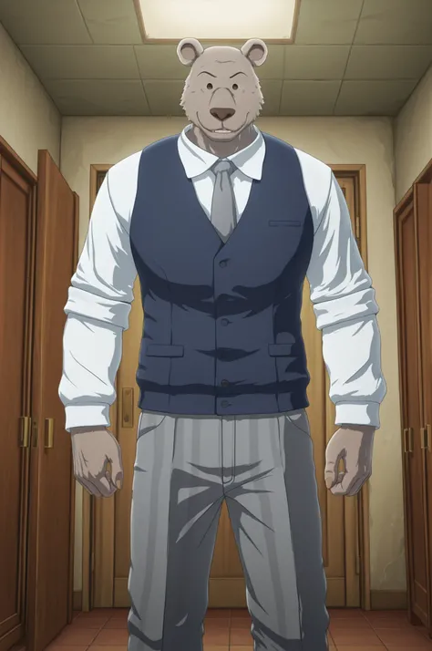 absurd res, best quality, high quality, detailed,  Riz, broad shoulders, mature male, brown eyes, athletic build, muscular male, round ears, bear, buff, gray body, blue vest, white long sleeve shirt, gray tie, standing, indoors, dorm, looking at viewer, ha...