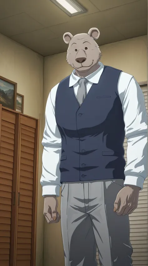 absurd res, best quality, high quality, detailed,  Riz, broad shoulders, mature male, brown eyes, athletic build, muscular male, round ears, bear, buff, gray body, blue vest, white long sleeve shirt, gray tie, standing, indoors, dorm, looking at viewer, ha...