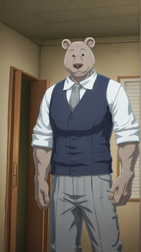 absurd res, best quality, high quality, detailed,  Riz, broad shoulders, mature male, brown eyes, athletic build, muscular male, round ears, bear, buff, gray body, blue vest, white long sleeve shirt, gray tie, standing, indoors, dorm, looking at viewer, ha...
