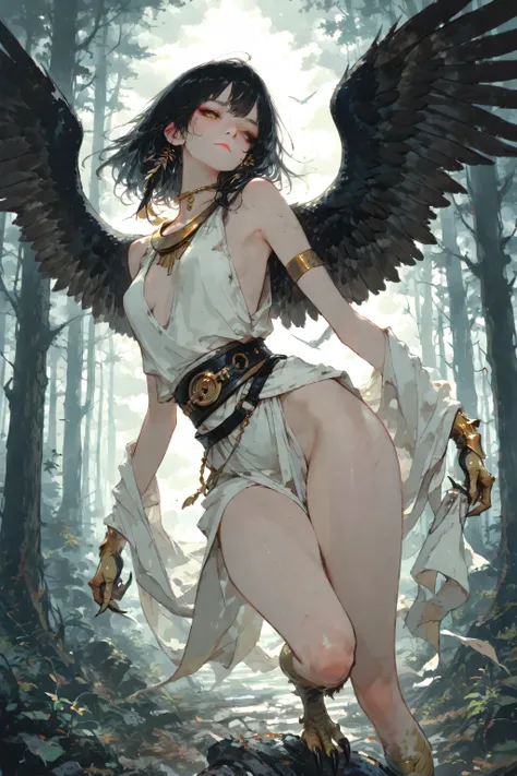A semi-realistic girl inspired by the Harpy from Greek mythology, a mythical creature with the face of a woman and the body of a bird. She has large feathered wings and sharp talons, wearing a modest ancient Greek-style outfit – a long, flowing chiton with...