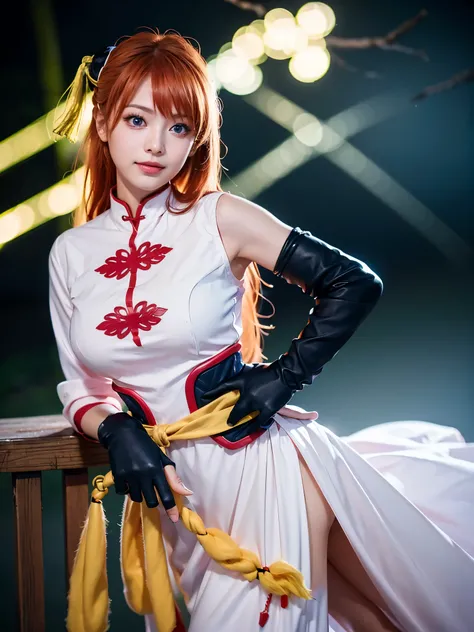 1girl, solo, cute chinese girl, clear makeup, (pink eye shadow:1.2), smile, 
kgr2, 1girl, white dress, asymmetrical gloves, chinese clothes, side slit, black gloves, china dress, uneven gloves, (right hand gloves, left elbow gloves), thighhighs,
long hair,...