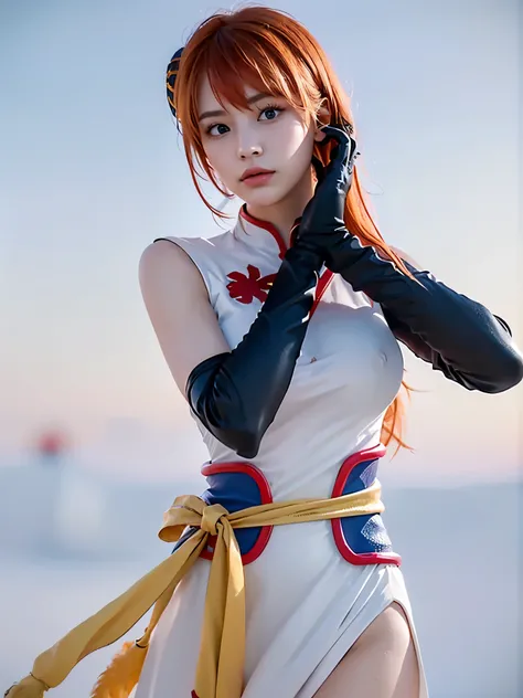 1girl, solo, cute chinese girl, clear makeup, pink eye shadow, 
kgr2, 1girl, white dress, asymmetrical gloves, chinese clothes, side slit, black gloves, china dress, uneven gloves, (right hand gloves, left elbow gloves), thighhighs,
long hair, (light orang...