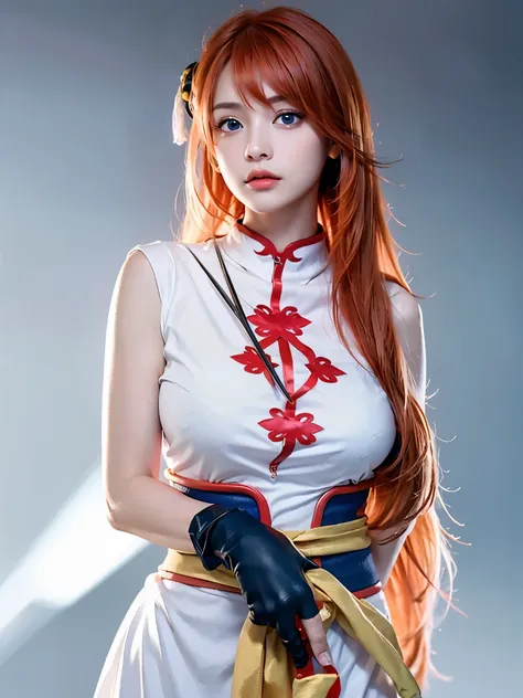 1girl, solo, cute chinese girl, clear makeup, pink eye shadow, 
kgr2, 1girl, white dress, asymmetrical gloves, chinese clothes, side slit, black gloves, china dress, uneven gloves, (right hand gloves, left elbow gloves), thighhighs,
long hair, (light orang...